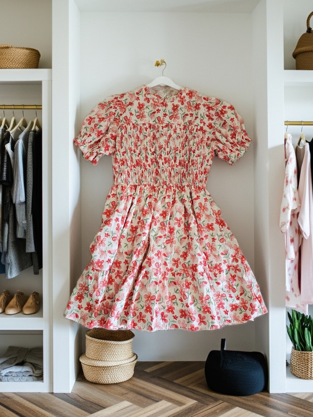 Umgee Floral Smocked Puff Sleeve Babydoll Mini Dress NWT Large Pink Cotton